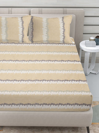 FABINALIV Beige Striped 300 TC Cotton Blend King Size Fitted Double Bedsheet with 2 Pillow Covers (250X225 cm)