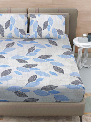 FABINALIV Blue Floral 300 TC 100% Cotton Super King Size Double Bedsheet with 2 Pillow Covers (270X270 cm)
