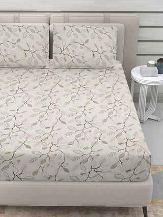 FABINALIV Beige Floral 300 TC 100% Cotton King Size Double Bedsheet with 2 Pillow Covers (250X225 cm)