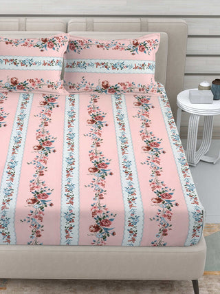 FABINALIV Pink Floral 300 TC Cotton Blend King Size Fitted Double Bedsheet with 2 Pillow Covers (250X225 cm)