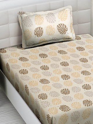 FABINALIV Beige Floral 300 TC Cotton Blend Single Bedsheet with Pillow Cover (225X150 cm)