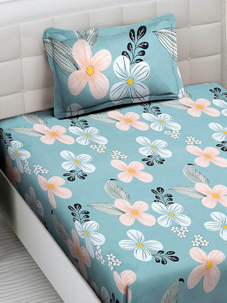 FABINALIV Multicolor Floral 300 TC Cotton Blend Single Bedsheet with Pillow Cover (225X150 cm)