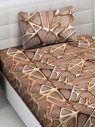 FABINALIV Brown Geometric 300 TC Cotton Blend Single Bedsheet with Pillow Cover (225X150 cm)