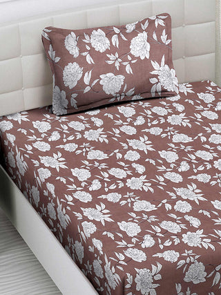 FABINALIV Brown Floral 300 TC Cotton Blend Single Bedsheet with Pillow Cover (225X150 cm)