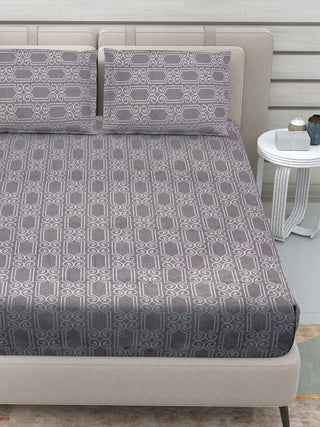 FABINALIV Dark Grey Geometric 300 TC 100% Cotton King Size Double Bedsheet with 2 Pillow Covers (250X225 cm)