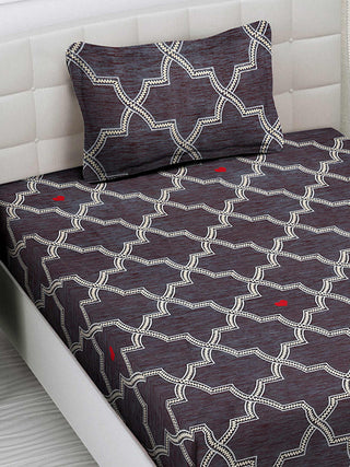 FABINALIV Brown Geometric 300 TC Cotton Blend Single Bedsheet with Pillow Cover (225X150 cm)