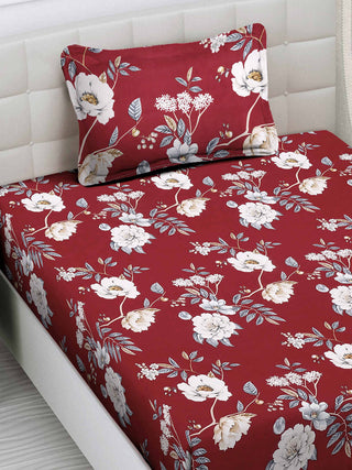 FABINALIV Maroon Floral 300 TC Cotton Blend Single Bedsheet with Pillow Cover (225X150 cm)