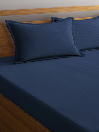 FABINALIV Navy Blue Striped 300 TC Cotton Blend King Size Fitted Double Bedsheet with 2 Pillow Covers (250X225 cm)
