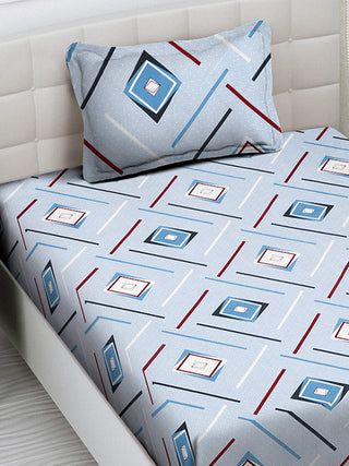 FABINALIV Blue Geometric 300 TC Cotton Blend Single Bedsheet with Pillow Cover (225X150 cm)