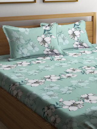 FABINALIV Green Floral 300 TC Cotton Blend King Size Fitted Double Bedsheet with 2 Pillow Covers (250X225 cm)