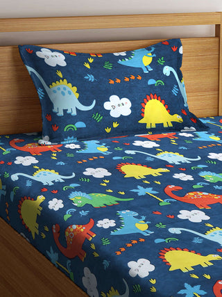 FABINALIV Blue Cartoon Print 300 TC Cotton Blend Single Bedsheet with Pillow Cover (225X150 cm)