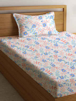 FABINALIV Multicolor Floral 300 TC Cotton Blend Single Bedsheet with Pillow Cover (225X150 cm)