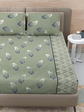 FABINALIV Green Floral 300 TC 100% Cotton Super King Size Double Bedsheet with 2 Pillow Covers (270X270 cm)