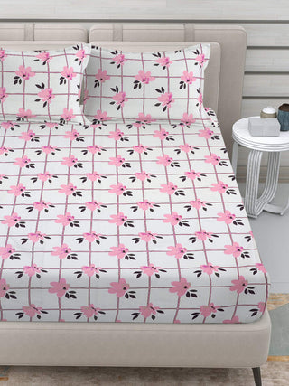 FABINALIV Pink Floral 300 TC Cotton Blend King Size Fitted Double Bedsheet with 2 Pillow Covers (250X225 cm)