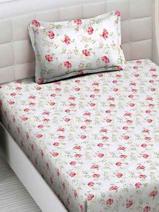 FABINALIV White Floral 300 TC Cotton Blend Single Bedsheet with Pillow Cover (225X150 cm)