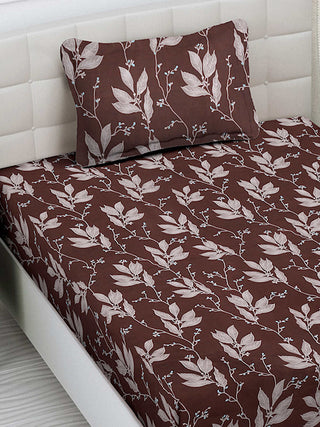 FABINALIV Brown Floral 300 TC Cotton Blend Single Bedsheet with Pillow Cover (225X150 cm)