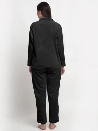 FABINALIV Women Black Solid Velvet Winter Night Suit