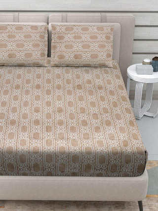 FABINALIV Beige Geometric 300 TC 100% Cotton King Size Double Bedsheet with 2 Pillow Covers (250X225 cm)