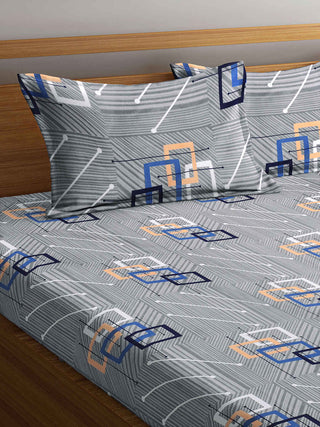 FABINALIV Grey Geometric 300 TC Cotton Blend Super King Size Fitted Double Bedsheet with 2 Pillow Covers (270X270 cm)