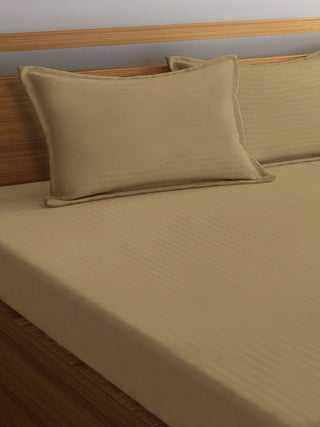FABINALIV Beige Striped 300 TC Cotton Blend King Size Fitted Double Bedsheet with 2 Pillow Covers (250X225 cm)