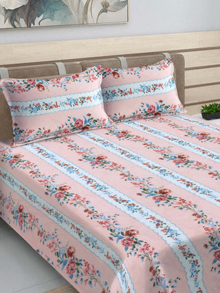 FABINALIV Pink Floral Cotton Blend King Size Ultrasonic Quilted Reversible Double Bedcover with 2 Quilted Pillow Covers (250X225 cm)