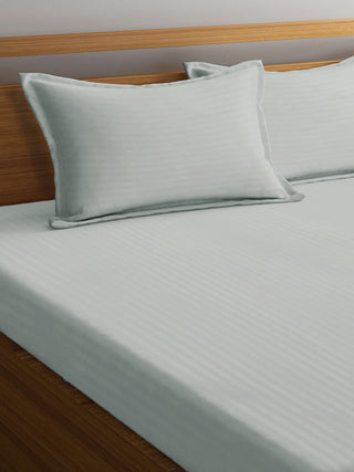 FABINALIV Silver Striped 300 TC Cotton Blend King Size Fitted Double Bedsheet with 2 Pillow Covers (250X225 cm)
