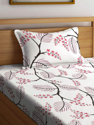 FABINALIV White Floral 300 TC Cotton Blend Single Bedsheet with Pillow Cover (225X150 cm)