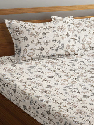 FABINALIV Beige Floral 300 TC Cotton Blend Super King Size Fitted Double Bedsheet with 2 Pillow Covers (270X270 cm)