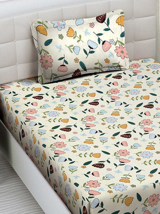 FABINALIV Multicolor Floral 300 TC Cotton Blend Single Bedsheet with Pillow Cover (225X150 cm)