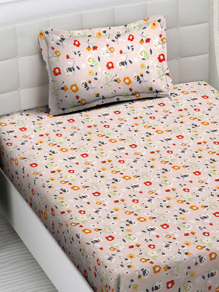 FABINALIV Peach Floral 300 TC Cotton Blend Single Bedsheet with Pillow Cover (225X150 cm)