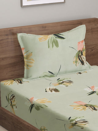 FABINALIV Multicolor Floral 300 TC Cotton Blend Single Bedsheet with Pillow Cover (225X150 cm)