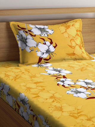 FABINALIV Yellow Floral 300 TC Cotton Blend Single Bedsheet with Pillow Cover (225X150 cm)