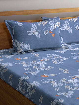 FABINALIV Blue Floral 300 TC Cotton Blend Super King Size Fitted Double Bedsheet with 2 Pillow Covers (270X270 cm)