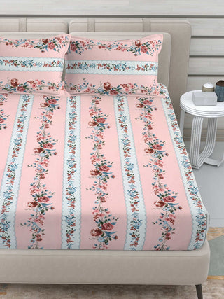 FABINALIV Pink Floral 300 TC Cotton Blend King Size Double Bedsheet with 2 Pillow Covers (250X225 cm)