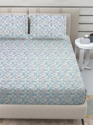 FABINALIV Blue Geometric 300 TC 100% Cotton King Size Double Bedsheet with 2 Pillow Covers (250X225 cm)