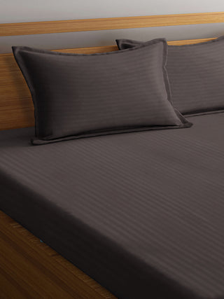 FABINALIV Coffee Striped 300 TC Cotton Blend King Size Fitted Double Bedsheet with 2 Pillow Covers (250X225 cm)