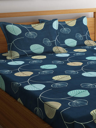 FABINALIV Blue Floral 300 TC Cotton Blend King Size Fitted Double Bedsheet with 2 Pillow Covers (250X225 cm)