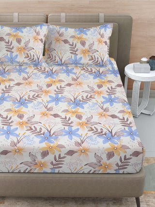 FABINALIV Multicolor Floral 300 TC Cotton Blend Super King Size Double Bedsheet with 2 Pillow Covers (270X270 cm)