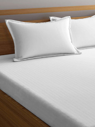 FABINALIV White Striped 300 TC Cotton Blend Super King Size Fitted Double Bedsheet with 2 Pillow Covers (270X270 cm)