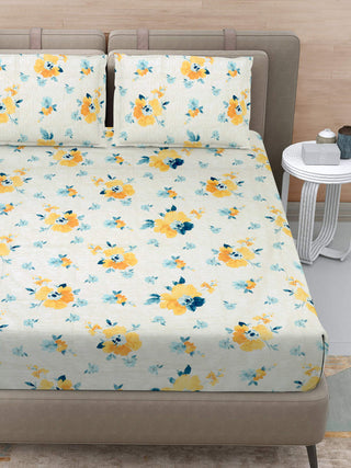 FABINALIV Multicolor Floral 300 TC 100% Cotton Super King Size Double Bedsheet with 2 Pillow Covers (270X270 cm)