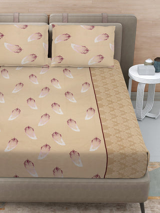 FABINALIV Beige Floral 300 TC 100% Cotton Super King Size Double Bedsheet with 2 Pillow Covers (270X270 cm)