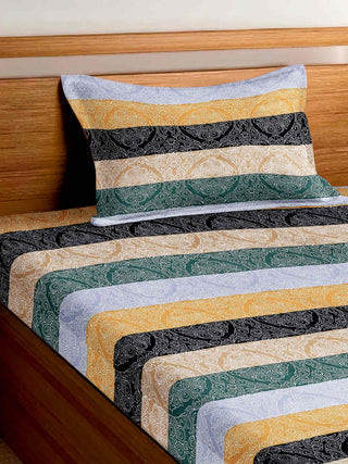 FABINALIV Multicolor Striped 300 TC Cotton Blend Single Bedsheet with Pillow Cover (225X150 cm)