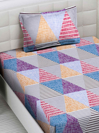 FABINALIV Multicolor Geometric 300 TC Cotton Blend Single Bedsheet with Pillow Cover (225X150 cm)