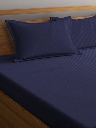FABINALIV Navy Blue Striped 300 TC Cotton Blend Super King Size Fitted Double Bedsheet with 2 Pillow Covers (270X270 cm)