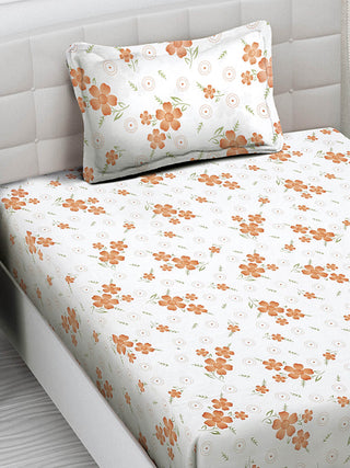 FABINALIV White Floral 300 TC Cotton Blend Single Bedsheet with Pillow Cover (225X150 cm)