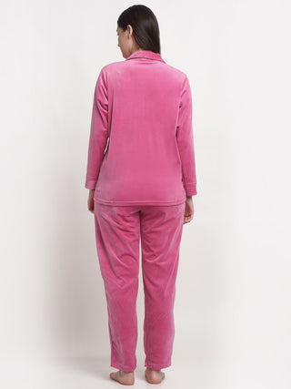 FABINALIV Women Pink Solid Velvet Winter Night Suit