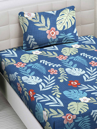 FABINALIV Blue Floral 300 TC Cotton Blend Single Bedsheet with Pillow Cover (225X150 cm)
