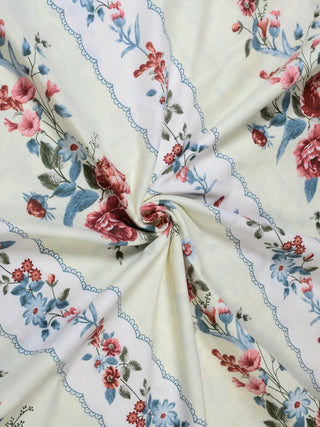 FABINALIV Cream Floral 300 TC Cotton Blend King Size Fitted Double Bedsheet with 2 Pillow Covers (250X225 cm)