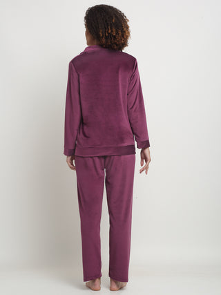 FABINALIV Women Purple Solid Velvet Winter Night Suit