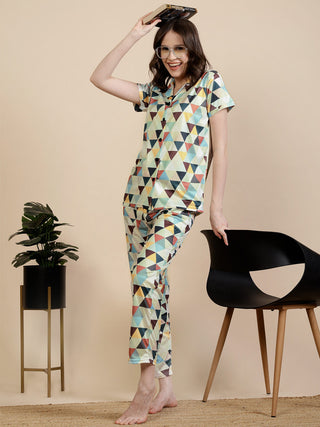FABINALIV Multicolor Geometric Graphic Printed Women Night Suit